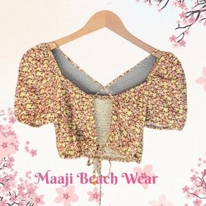 Maaji Womens Beach Wear Tops Sz M Cutout Ditsy Flower Pink Yellow Versatile Wear
